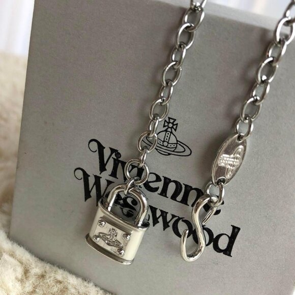 Vivienne westwood Orb Padlock Chain Silver Necklace choker Lock with drawstring - Picture 1 of 16